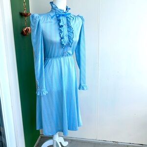 Vintage 70s Blue Ruffle Collar Striped Dress
